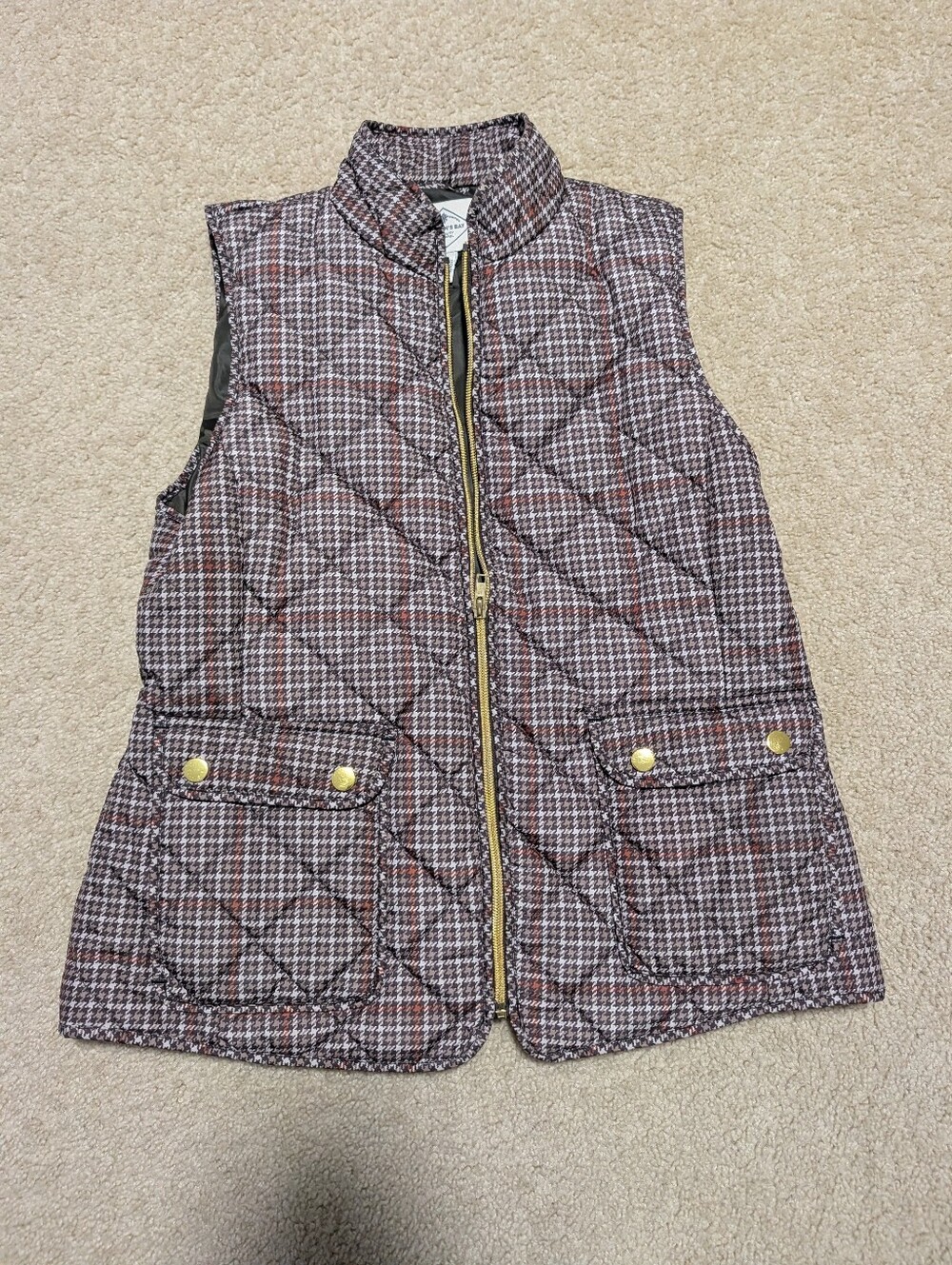 St Johns Bay Quilted Houndstooth Vest with Gold Zip Brown Orange Accent